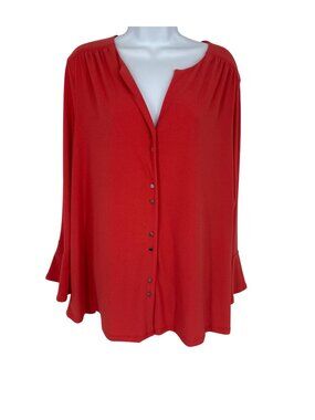 Susan Graver Red Button-Down Blouse With Flared Sleeves Women's Size 2XL